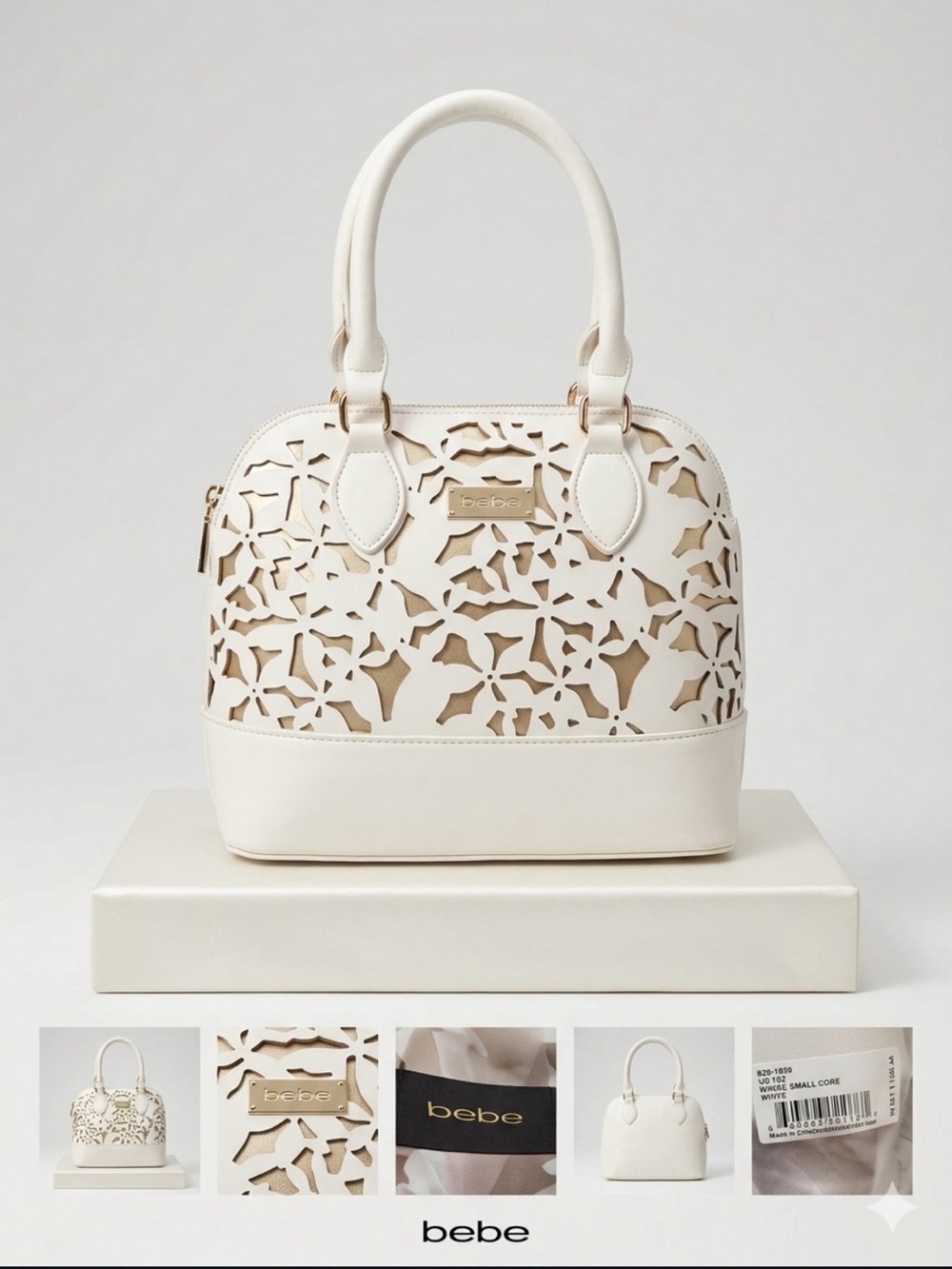 NWT Bebe Denise Small Dome Satchel – White & Gold Laser-Cut Floral